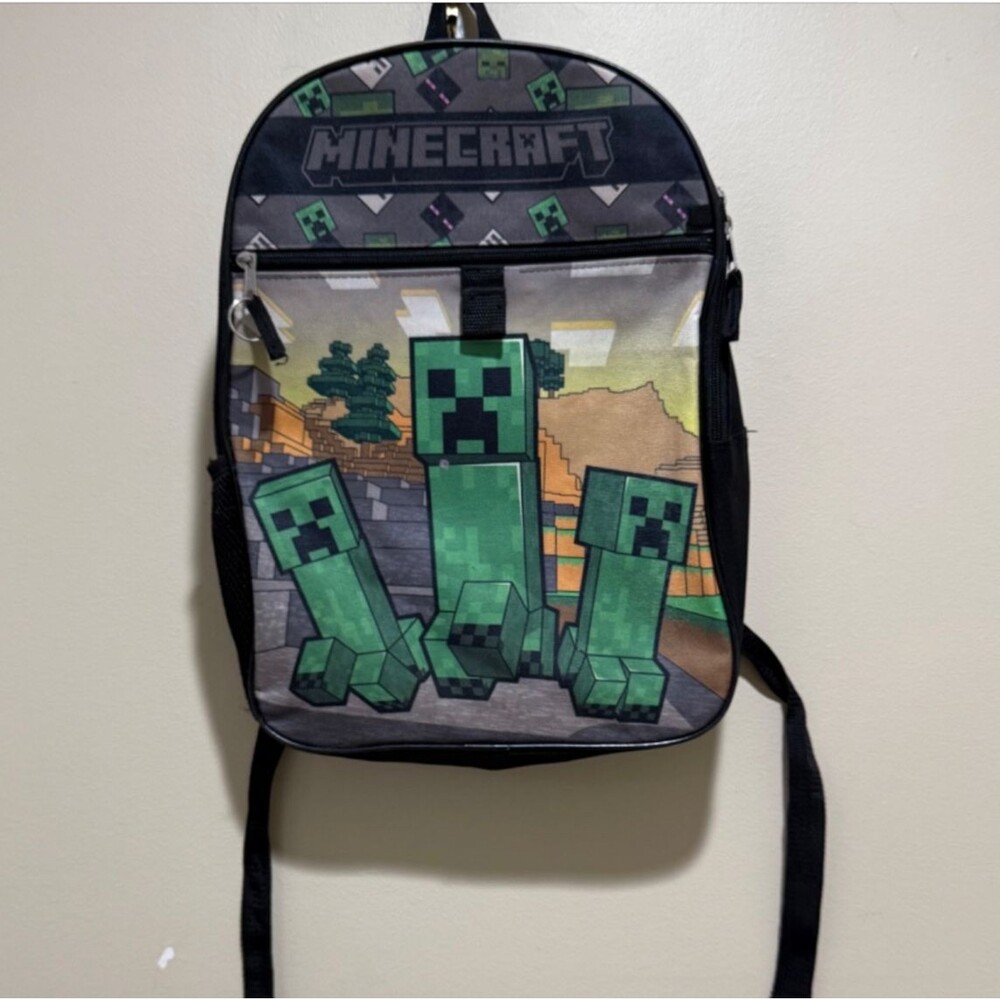 Minecraft Creeper Backpack 16" Kids Boys School Bag Gamer Pixel Video Game Black